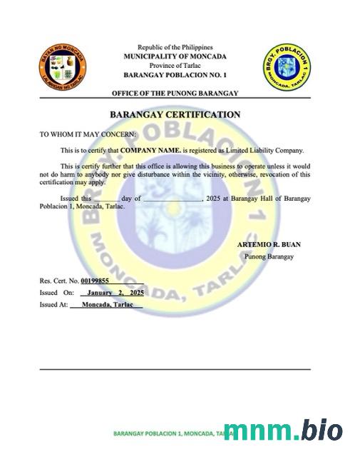 Filipiny Barangay certyfikacja słowa rejestracyjnego i szablonu PDF